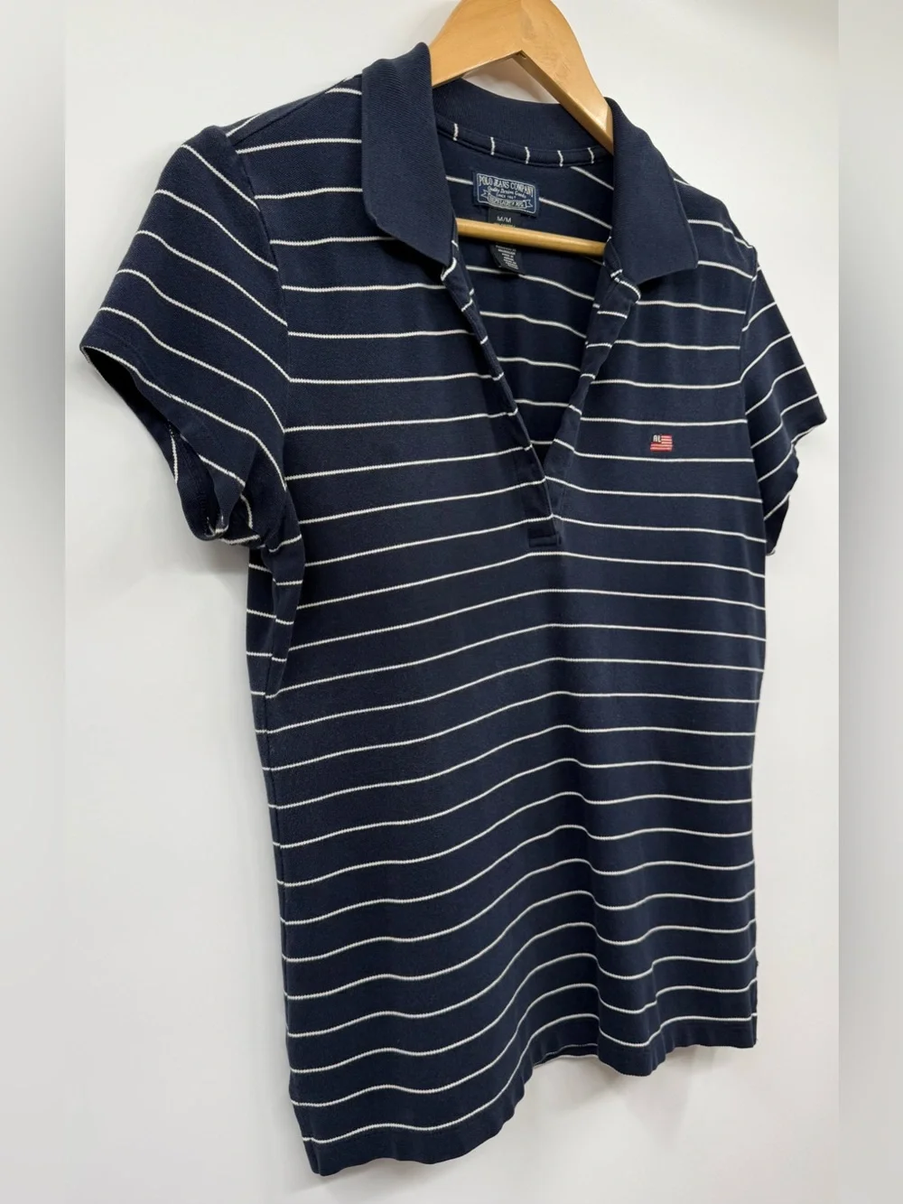 Ralph Lauren Polo Jeans Co Navy & White Striped Logo V Neck SZ M Preppy Nautical